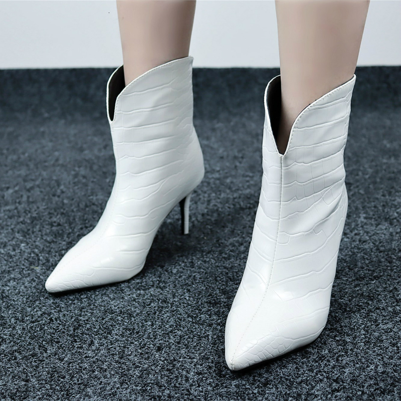 Snakeskin Cowboy For Women Sexy White Heels Waterproof Black Yellow Women's Ankle Boots Short Shoes Pointed Big Size