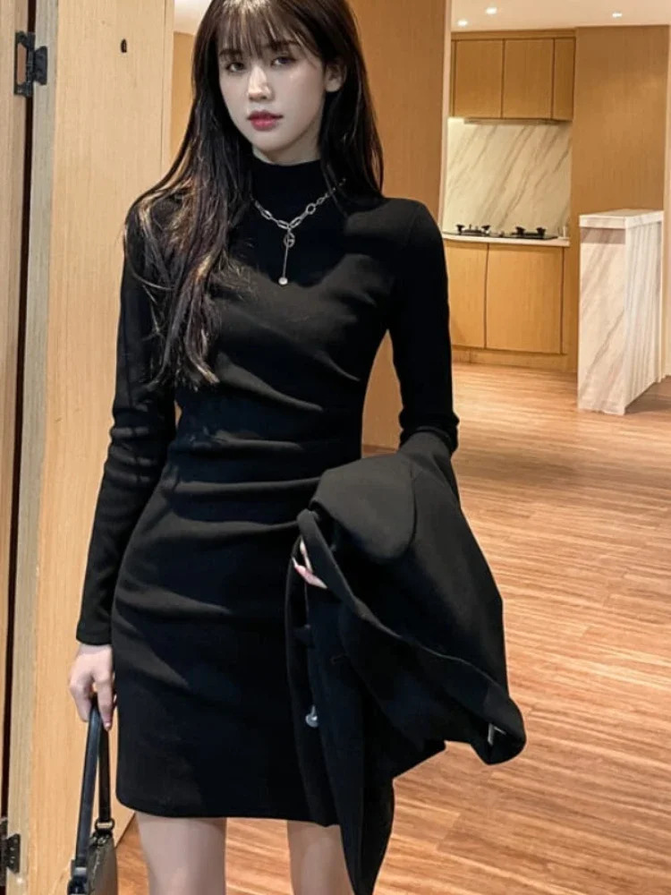 Crochet Dresses for Women Black Turtleneck Extreme Mini Woman Knitted Dress Bodycon Short Pleated Curvy Cotton Long Sleeve Loose 241031
