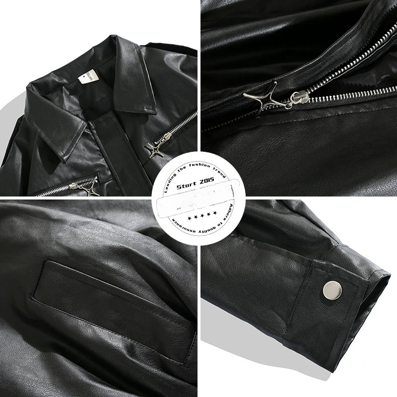 Mens Motorcycle Racing PU Leather Jacket Autumn/Winter Hong Kong Style High Street Long Sleeve Loose Hip Hop Short Zipper Coat 241031