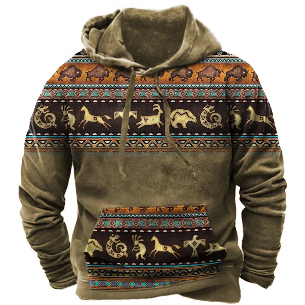 Retro tribal style mens hoodie fashion sportswear Spring and Autumn loose floral casual jacket street clothing oversized top 241031