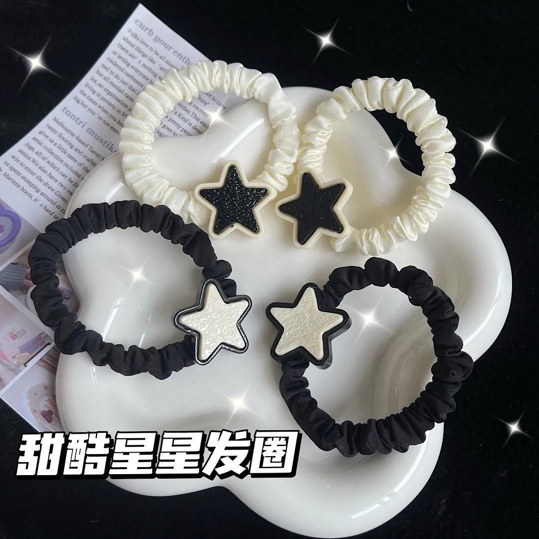 Headband Black and white stars sweet and cool hair rings Korean Girls Cartoon Harajuku Wind Five pointed Star Versatile ponytail hair rope headwear
