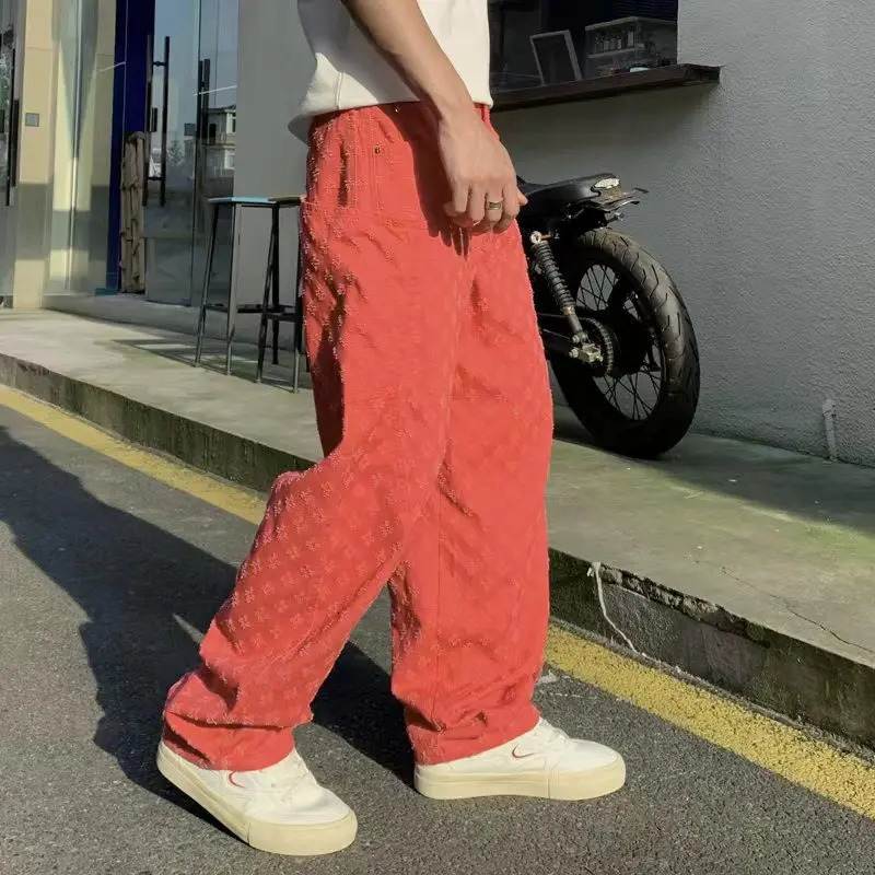 Vintage Jacquard Jeans Mens Street American Straight Wide-leg Jeans Y2K Fashion Black Pantalones Hombre Streetwear Loose Pants 241031