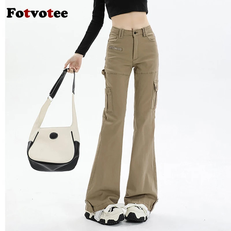 Fotvotee Cargo Pants Women Pocket Zipper Slim Flare Pants Stretch Korean Fashion Streetwear Spice Vintage Y2k Pants 241031