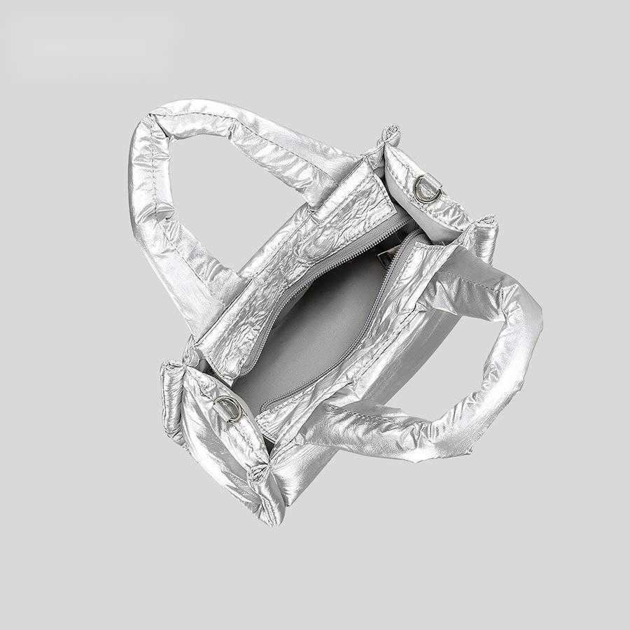 design with cotton clip, single shoulder crossbody bag, women's shiny silver nylon small square bag, lightweight stylish small size handbag 24101