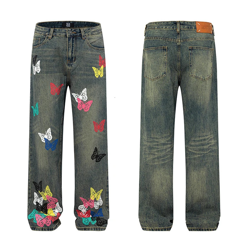 Autumn High end Retro Loose Straight Mens Jeans Personalized Butterfly Pattern for Men and Women 241031