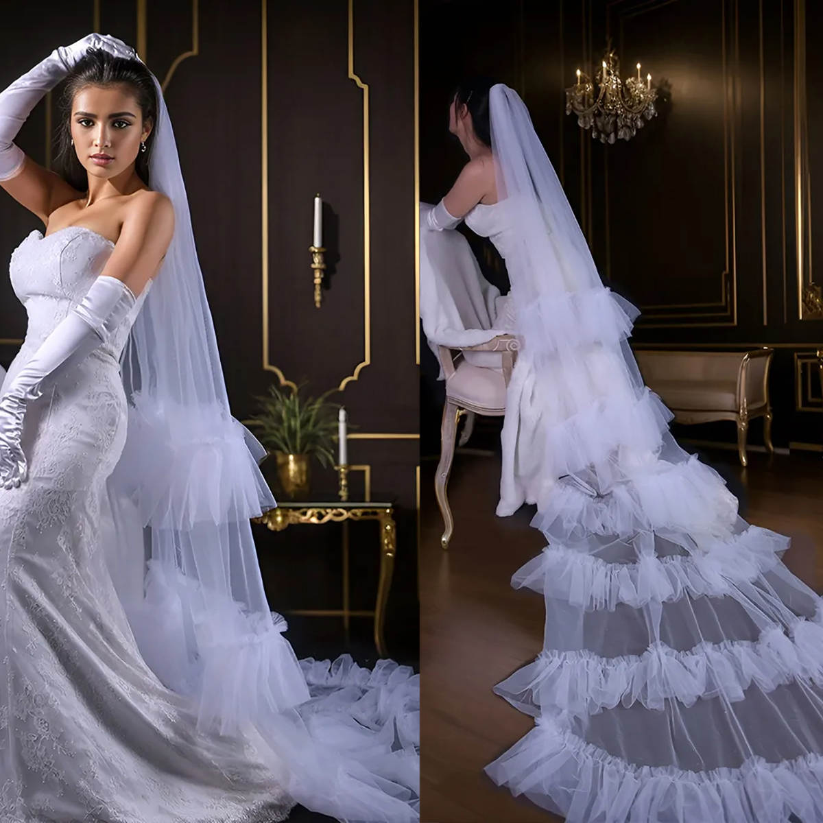 Customized Tiered Wedding Veils Ruffles Lace One Layer Cathedral Length Bride Veil Applique Edge With Comb Bridal Accessories