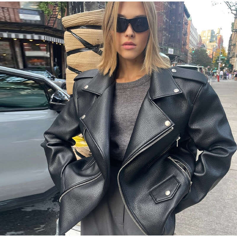 Designer Street PU Leather With Collar Long Sleeve Zipper Fashion Jacket, New Motorcycle Casual Loose Women's S M L XL 2Xl Jacket