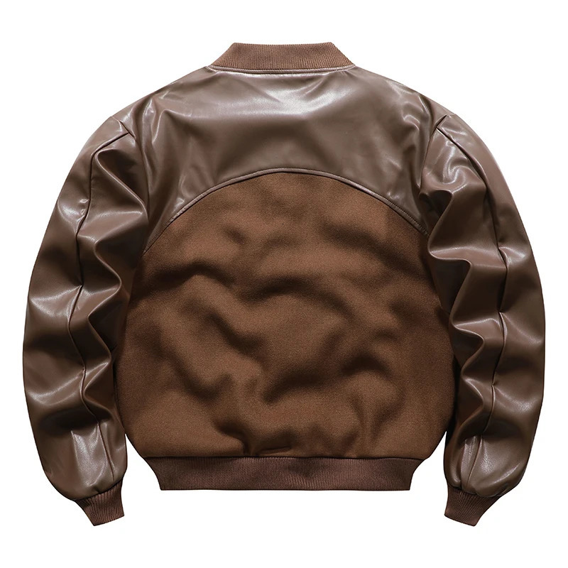 Mens embroidery patch work wool bomber jacket retro leather pilot jacket casual loose Pu baseball jacket men 241031 - view 5