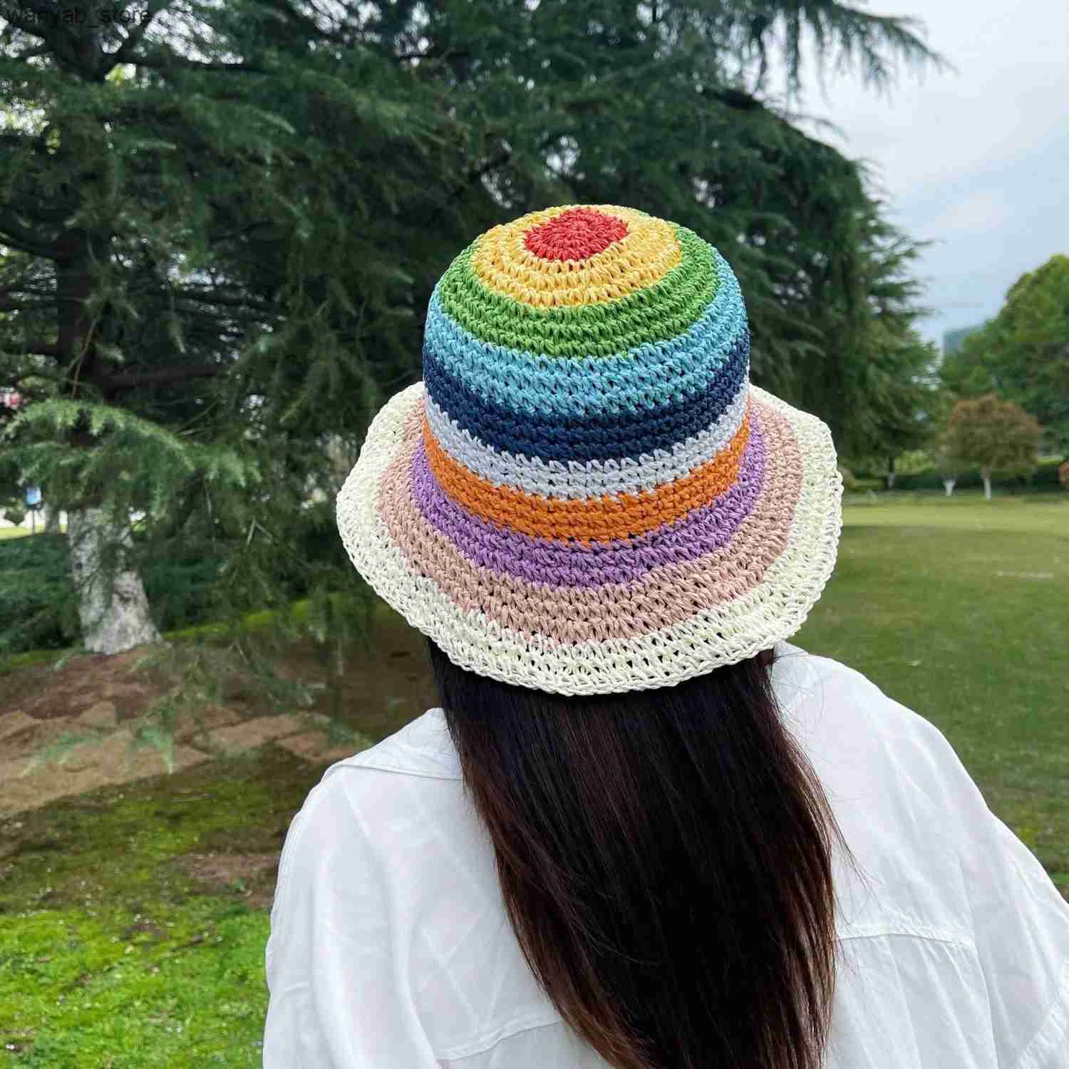 Wide Brim Hats Bucket Hats New Popular Summer Beach Bucket Hat Cap For Women Crochet Straw Rainbow Spring Fish Hat Outdoor Female Lady Gift Wholesales