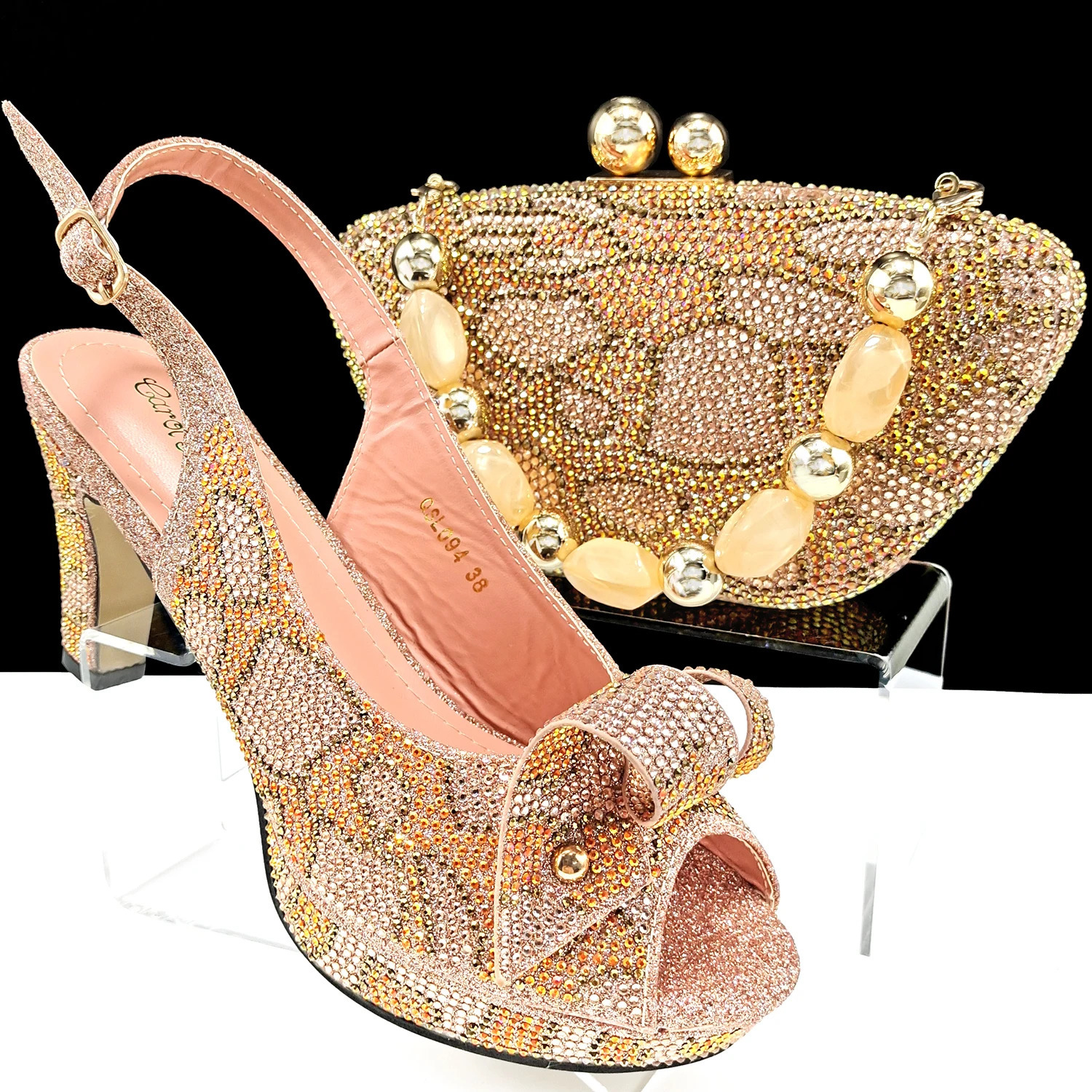 Gold Pointed Toe High Heels for Women Mixed Rhies Pumps Italian Shoes and Bags Matching Set For Elegant Party 38-43 250228