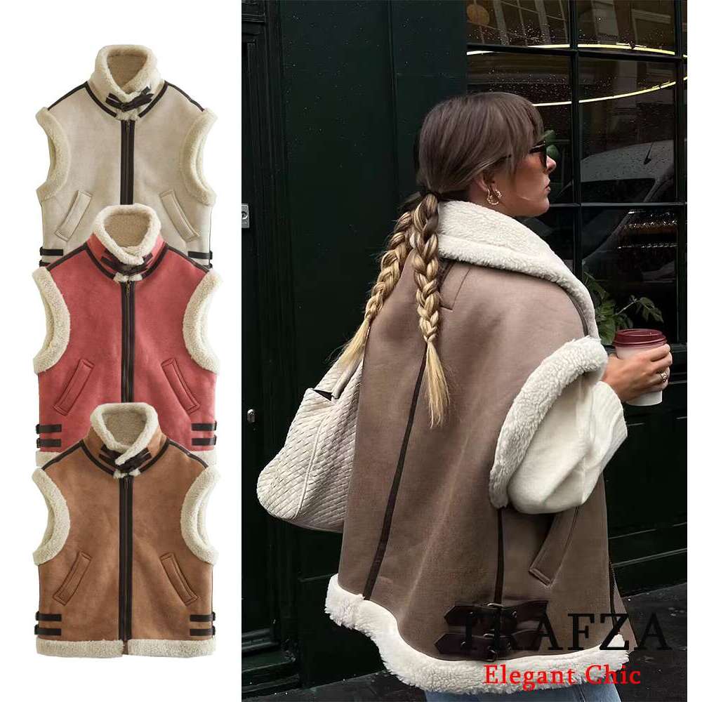 TRAFZA Fall Suede Fleece Women's Zipper Pocket High-Collar Coat New 2024 Fashion Casual Winter Oversize Vest