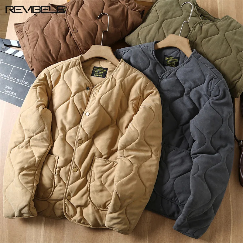 Retro Quilted Jacket Men Winter Collarless Cotton Padded Coat M65 Liner Lightweight Casual Loose Japanese Outwear Highquality 241024