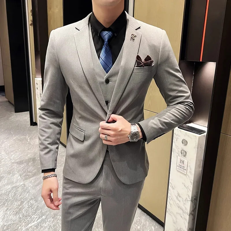 S-5Xl Jacket Vest Pants Boutique Solid Color Casual Business Office Slim Mens Suit Groom Wedding Gown Blazer Waist Coat Trousers