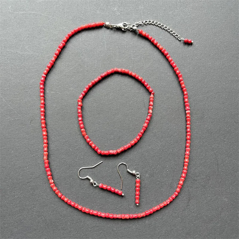 3 * 6MM Bamboo Bone Red Coral Natural Stone Jewelry Set Bead Necklace Earrings Bracelet Necklace Fashion Simple n Party 241031