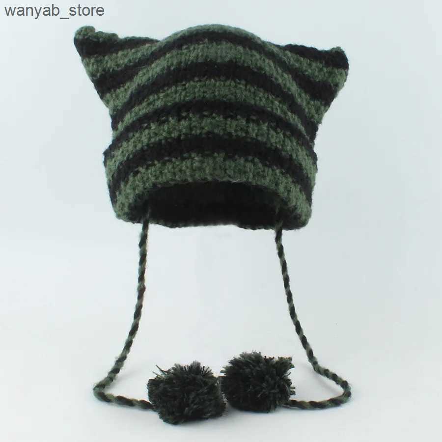 Wide Brim Bucket Hats Japanese Y2K Cute Black White Striped Cat Ears Wool Women Autumn Winter Warm Little Devil Hanging Ball Knitted Beanie Hat L24091