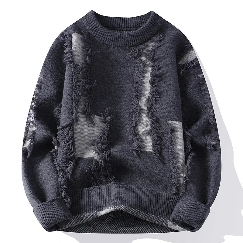 Ripped Sweater Mens Loose Crew Neck Knit Bottom Shirt Handsome Autumn Clothes on The Fashion Pullover 241029