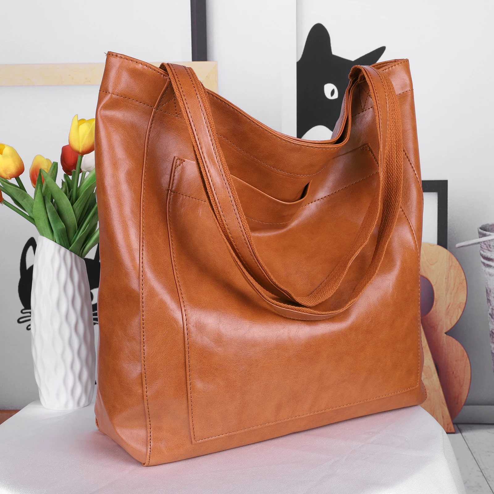 Large Capacity Women Tote Bag Fashion Underarm Pouch Soft Pu Leather Shoulder Retro Crossbody Casual Portable Handbags 241029