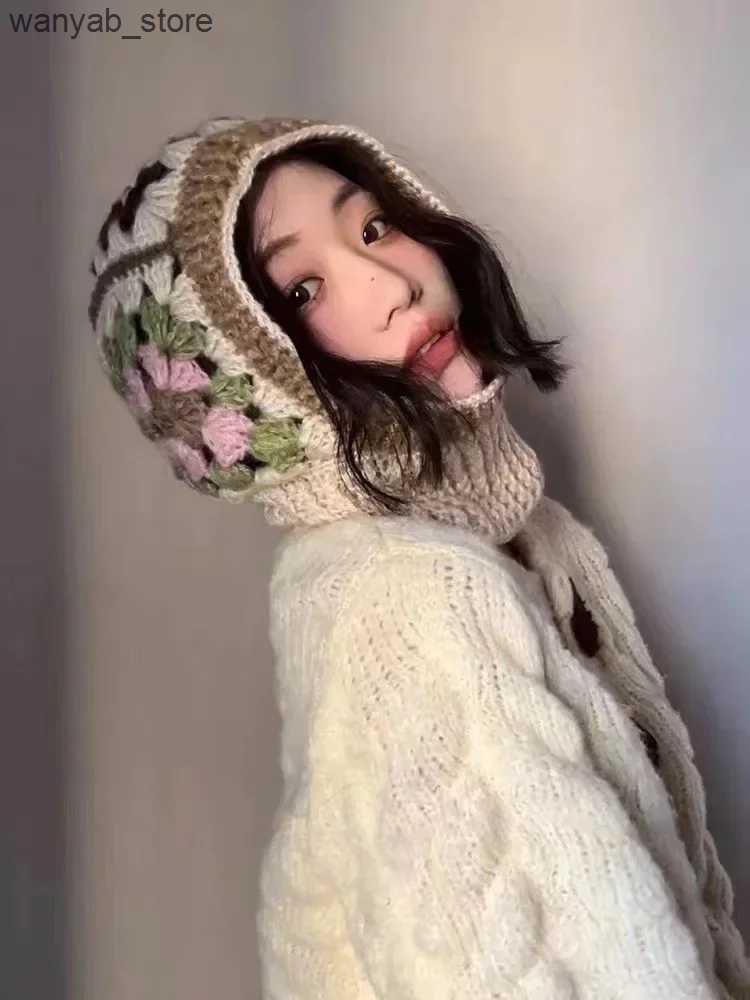 Wide Brim Bucket Handmade Crochet Balaclava Hats for Women Autumn and Winter Wool Knitted Pullover Beanies Cap Neck Warmer Female Hooded Caps L240910 