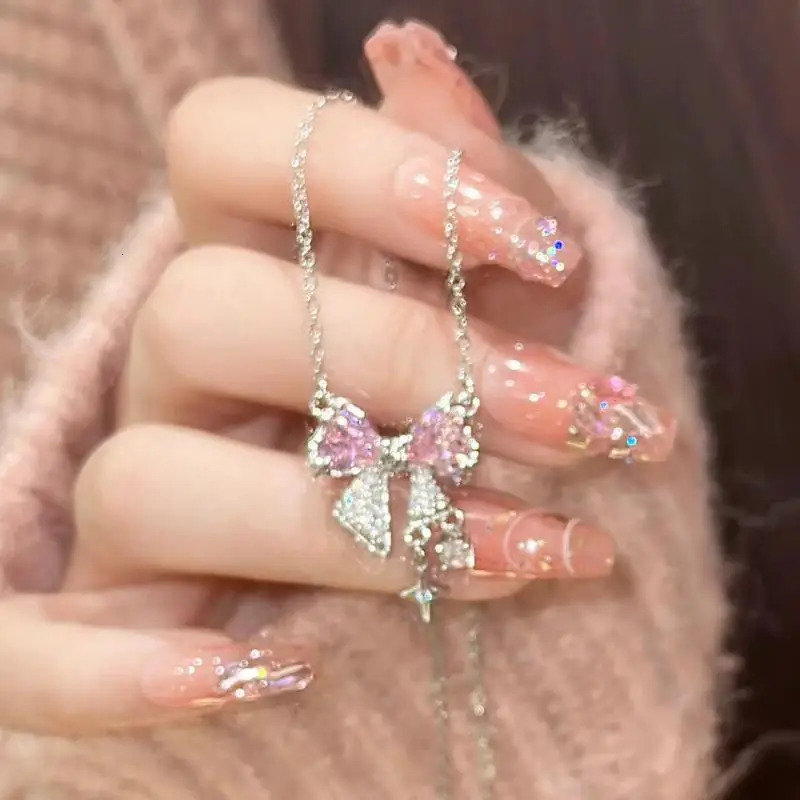 Korea n Bowknot Pink Zircon Cross Pendant Necklaces Fashion Temperament Clavicle Chain for Women Trendy Party Jewelry 241031