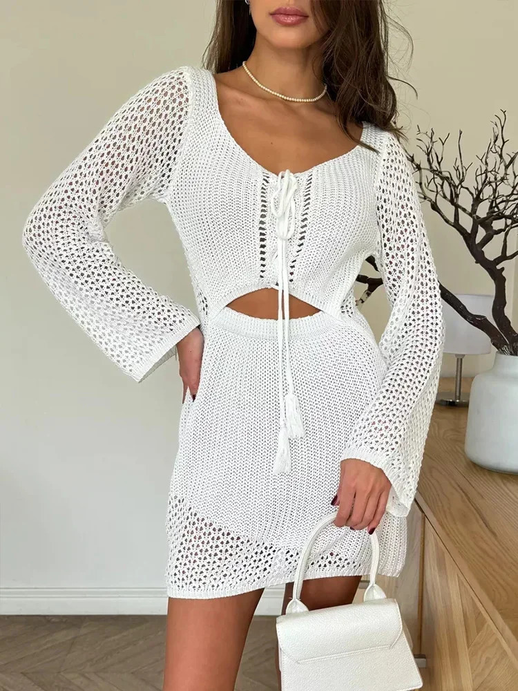 2024 Women Chic Crochet Tunic Knitted Dress Skeleton One Shoulder Wrap Chest Ladies Long Sleeve Slim Knit Mini Dresses A3096 241031