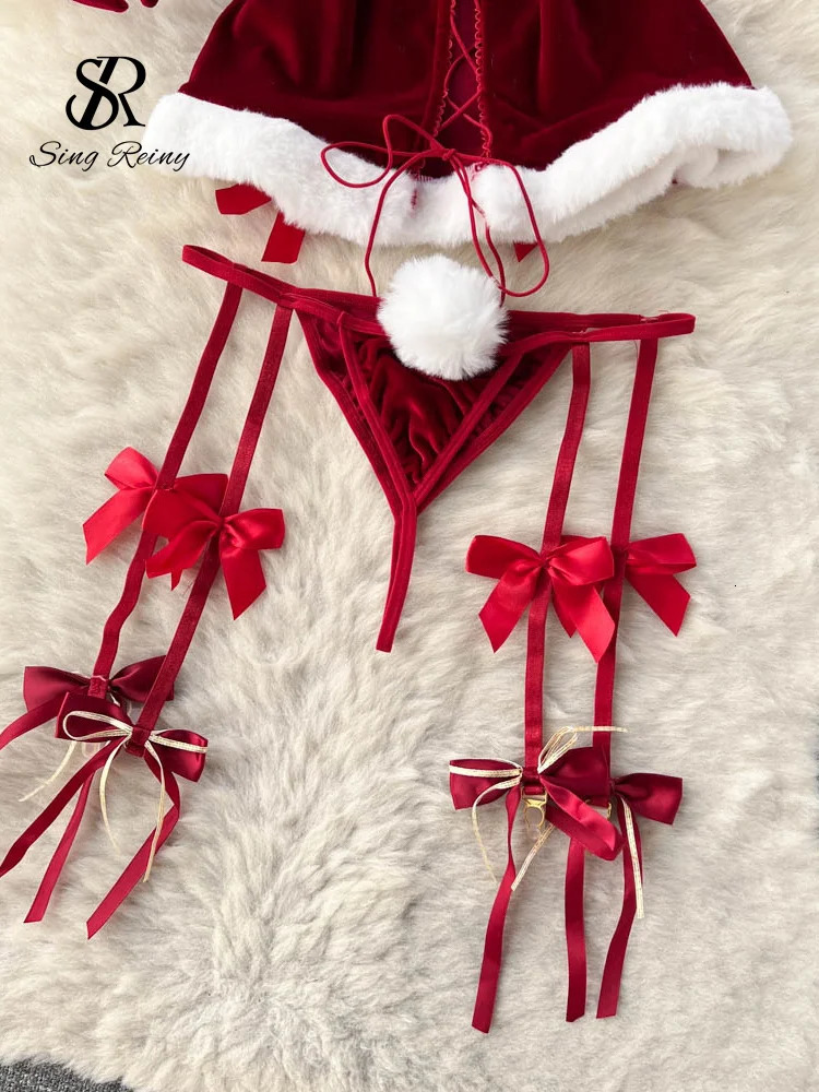 SINGREINY Cosplay Rabbit Maid Sexy Nightwear Halter Splice Fur Bow Lingerie Combination Christmas Erotic Porno Underwear Sets 241031