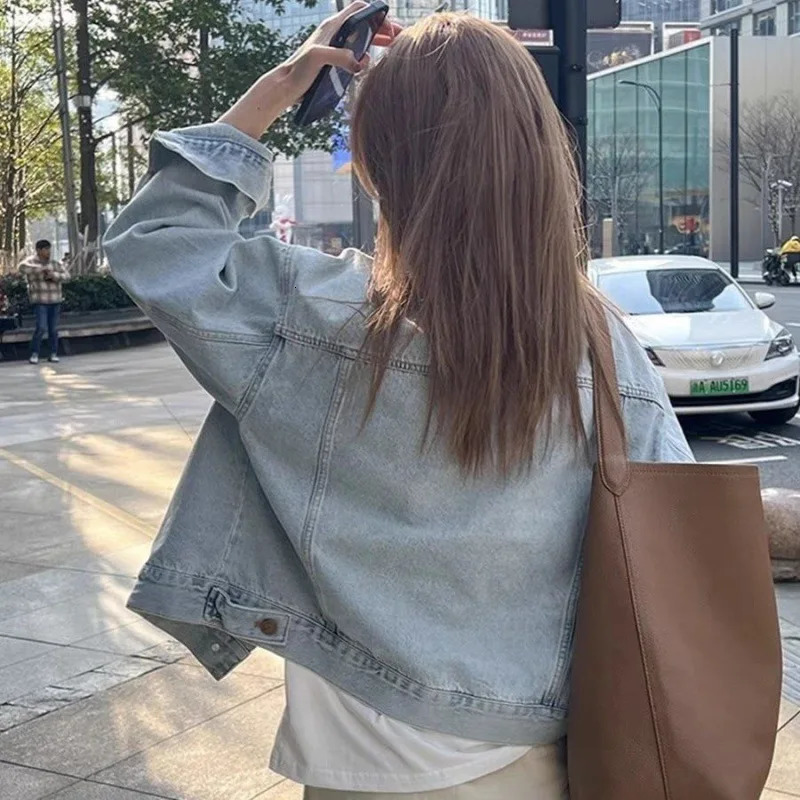 Ins Korean Wash Cotton Retro Denim Jacket Womens Spring and Autumn Thin Korean Version Loose Short Long Sleeve Shirt 241031
