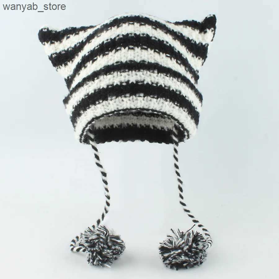Wide Brim Bucket Hats Japanese Y2K Cute Black White Striped Cat Ears Wool Women Autumn Winter Warm Little Devil Hanging Ball Knitted Beanie Hat L24091