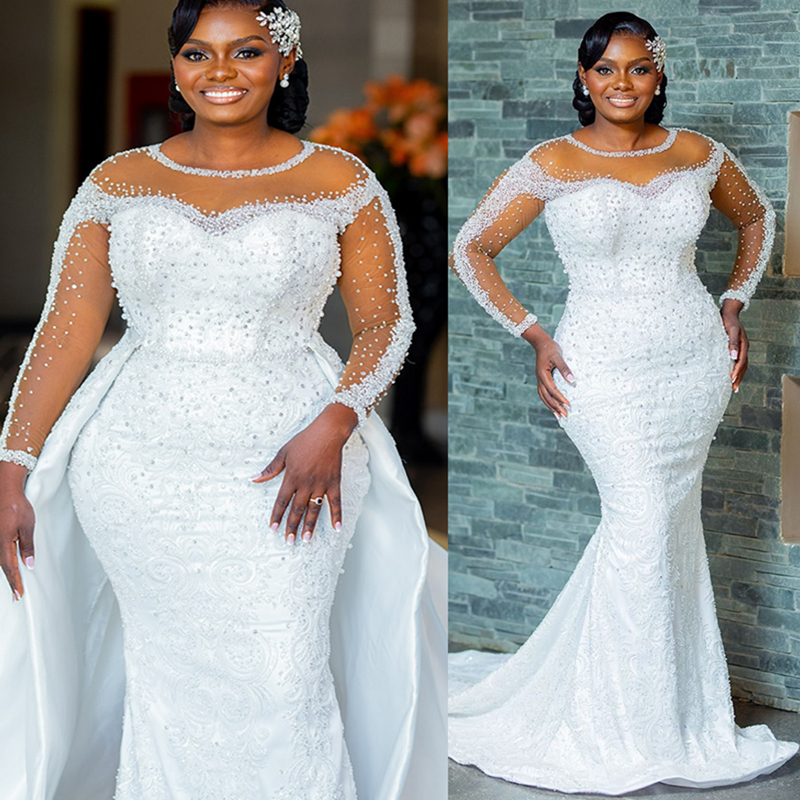 2024 Plus Size African Mermaid Wedding Dress Detachable Train Bridal Gowns For Bride Illusion Sheer Neck Long Sleeves Beaded Lace Wedding Gowns For Bl