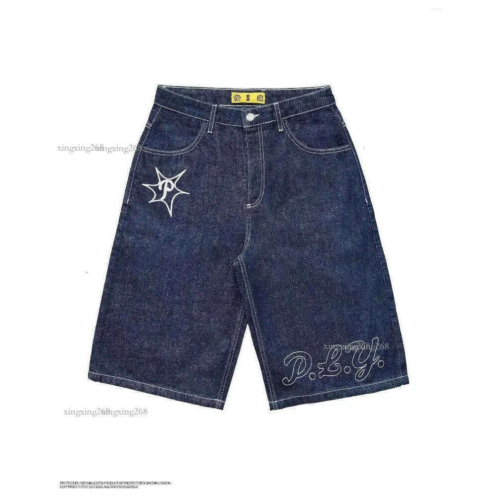 Men's Pants Shorts Harajuku Hip Hop Letters Embroidery Vintage Blue Baggy Jeans Denim Gym High Waist Mens Basketball Jorts