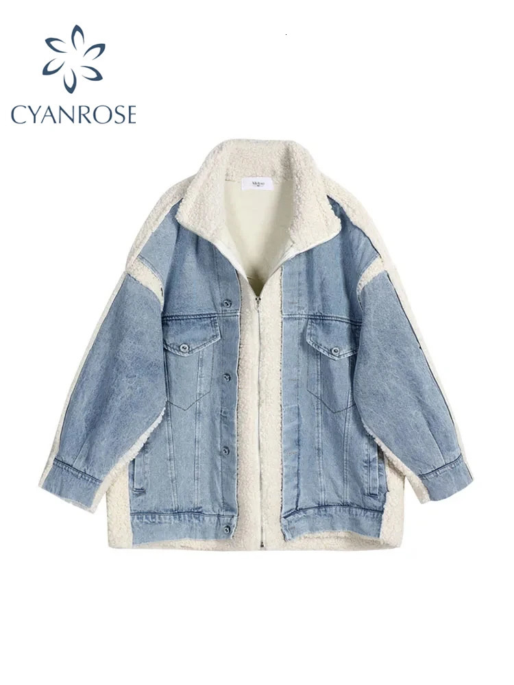 Womens Patchwork Fleece Denim Jacket Vintage Harajuku Long Sleeve Jean Jacket Outerwear Korean Y2k Denim Coat 2000s 90s Clothes 241031