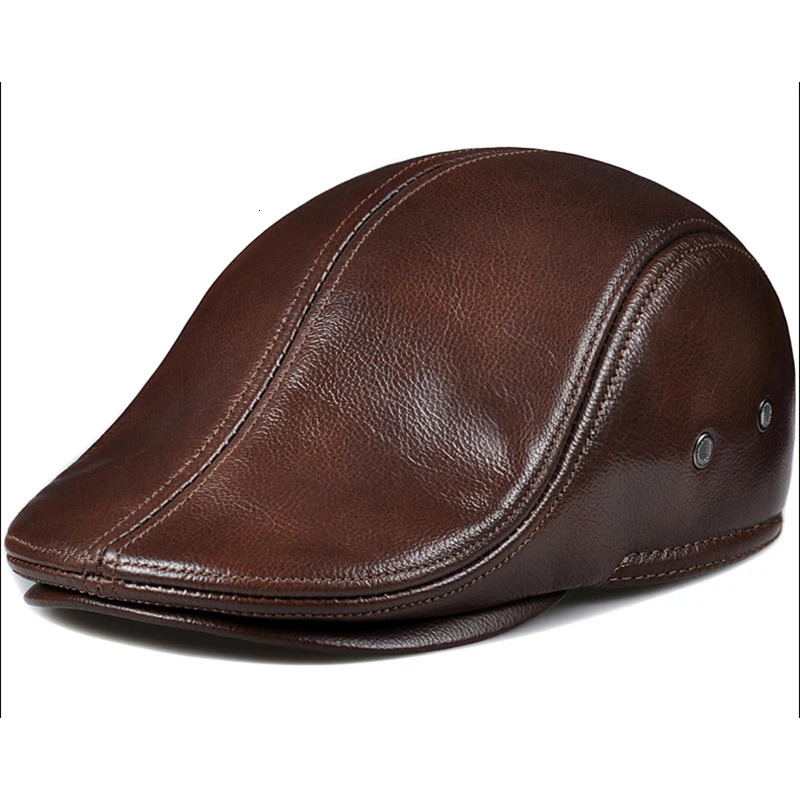 Fashion British Beret Men Genuine Leather Flat Cap Brown Male Earflaps Vintage Ivy Hats Autumn Directors Caps Gatsby 241031