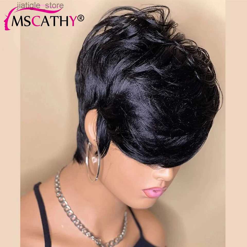 Synthetic Wigs Mini Pixie cut Remy human hair wig ready to wear glue free straight natural color full machine made Bob wig with bangs Y240401