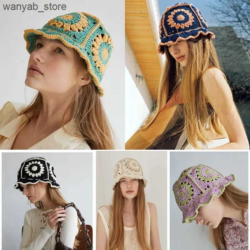 Wide Brim Hats Bucket Hats Women Hollow Flower Knitted Fisherman Hat Handmade Crochet Matching Basin Hat Spring Summer Sunscreen Sun Hats Female Panam