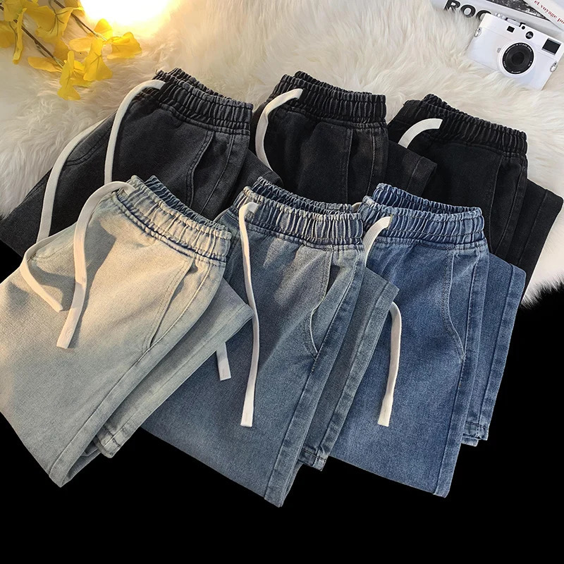 Autumn Jeans Mens Baggy Straight Drawstring Elastic Waist Personality Fashion Vintage Denim Trousers Streetwear 3XL 241024