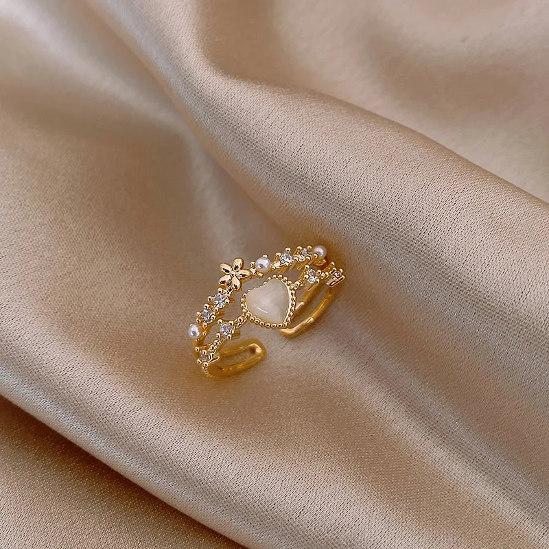 Koreas fashion jewelry 14K gold plated simple double love crystal ring elegant womens daily opening accessories 241031