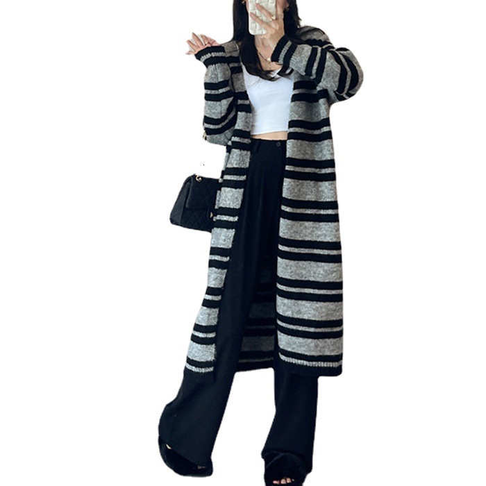 Striped Sweater Jacket In Autumn Winter Loose And Lazy Style Casual Mid To Long Knitted Cardigan For Women F1101#39