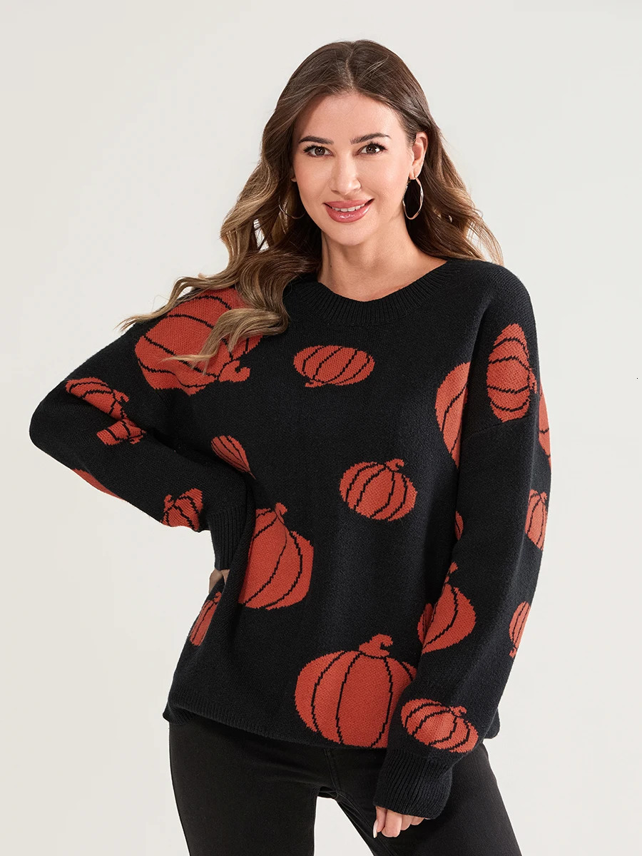 Women Halloween Knit Sweater Ghost Pattern Long Sleeve Round Neck Pullovers Fall Winter Casual Jumpers Tops with Spooky Vibes 241029
