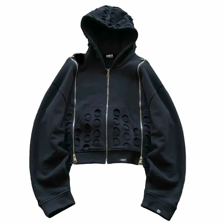Y2K Hollow Zipper Hooded Sweatshirt Men Women Clothing Harajuku Gothic Detachable Sleeves Black Hoodie Hole Tops 241031