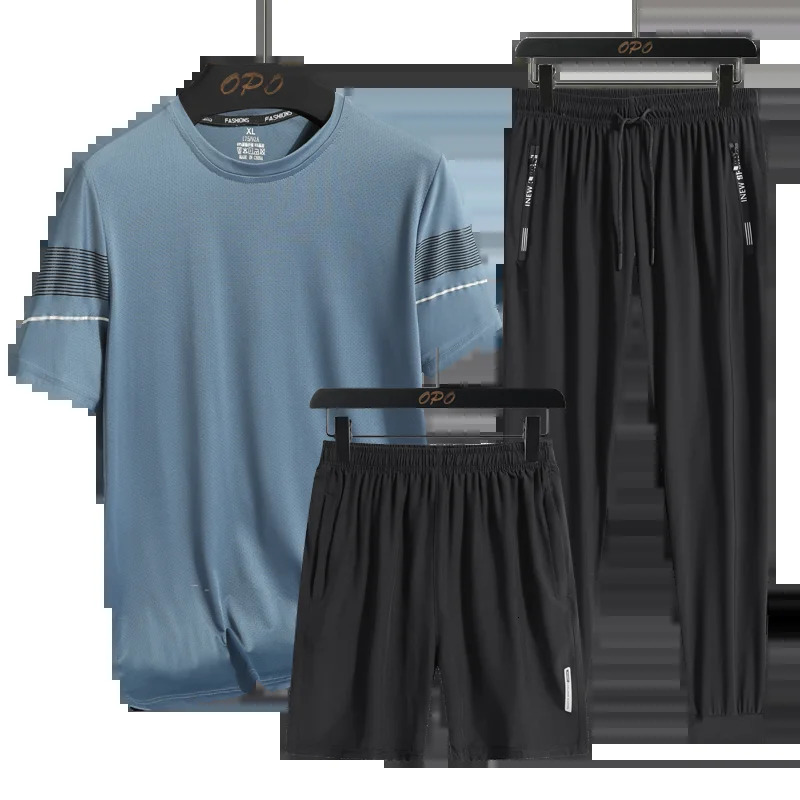 Mens and womens summer striped sports set outdoor ice silk running thin pullover Tshirt three piece basketball suit 241024