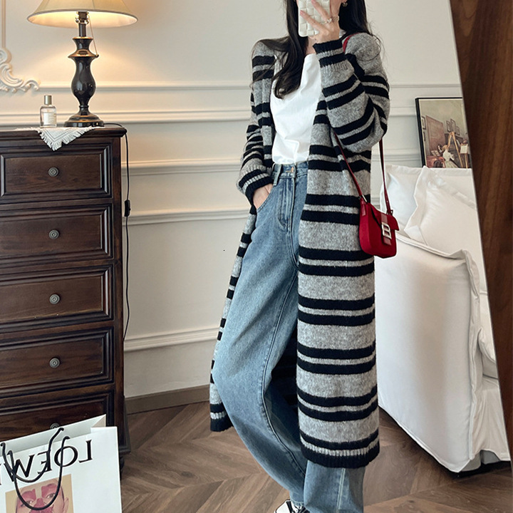 Striped Sweater Jacket In Autumn Winter Loose And Lazy Style Casual Mid To Long Knitted Cardigan For Women F1101#39
