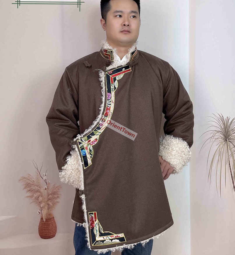 Nepal Bhutan Trend Clothing Men's Embroidered Plush Cotton Jacket Winter Tibet Stage Performance Overcoat Tibetan Ethnic Coat