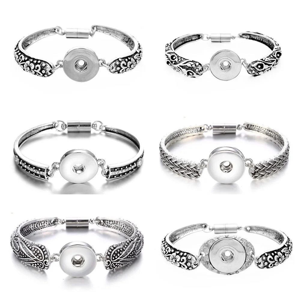 Vintage 6Styles Metal 18MM Snaps Buttons Jewelry Magnetic Metal Snap Button Bracelet For Women Men