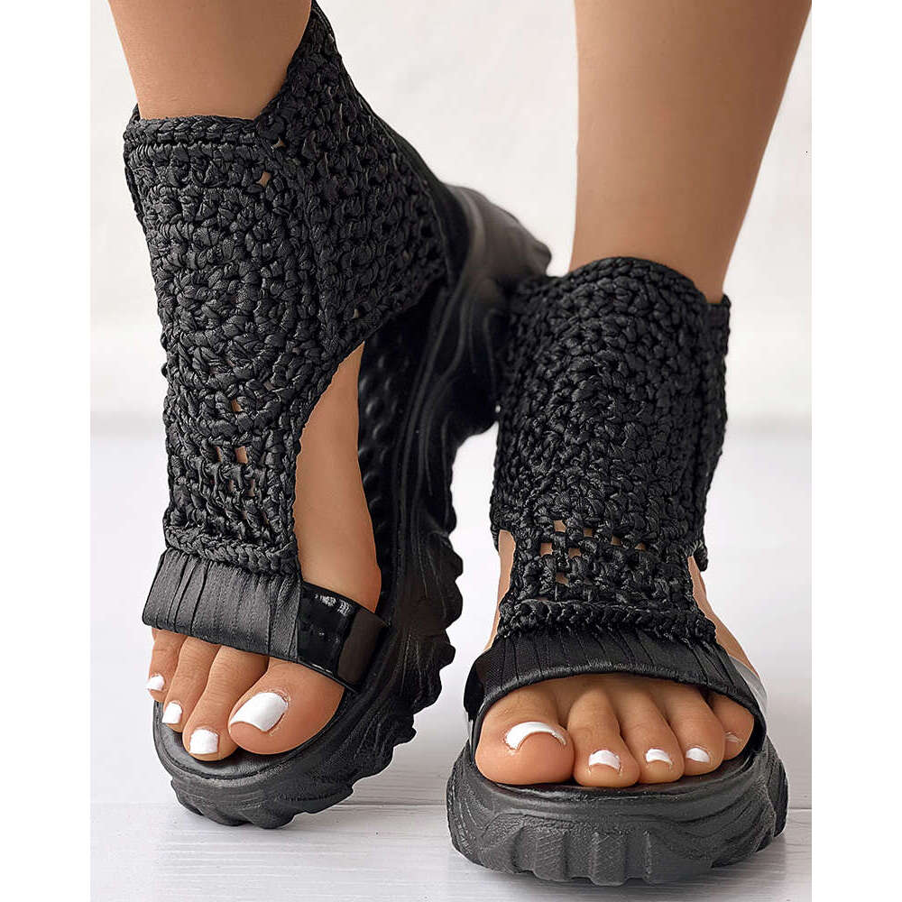 gold Knitted Woolen woman summer New Braided Elastic Shoes Mesh Flat Bottom Hollow Out Female Sandals Mujer