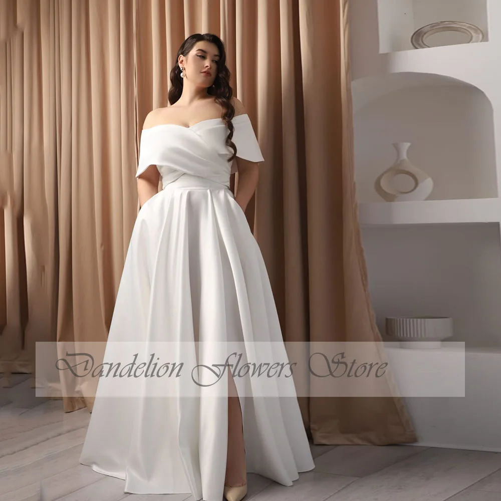 Elegant Off The Shoulder Wedding Dresses Plus Size VNeck Bride Gowns Lace Up Side Split Floor Length Satin Vestido De Noiva 240329