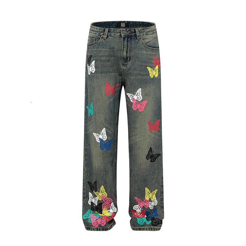 Autumn High end Retro Loose Straight Mens Jeans Personalized Butterfly Pattern for Men and Women 241031