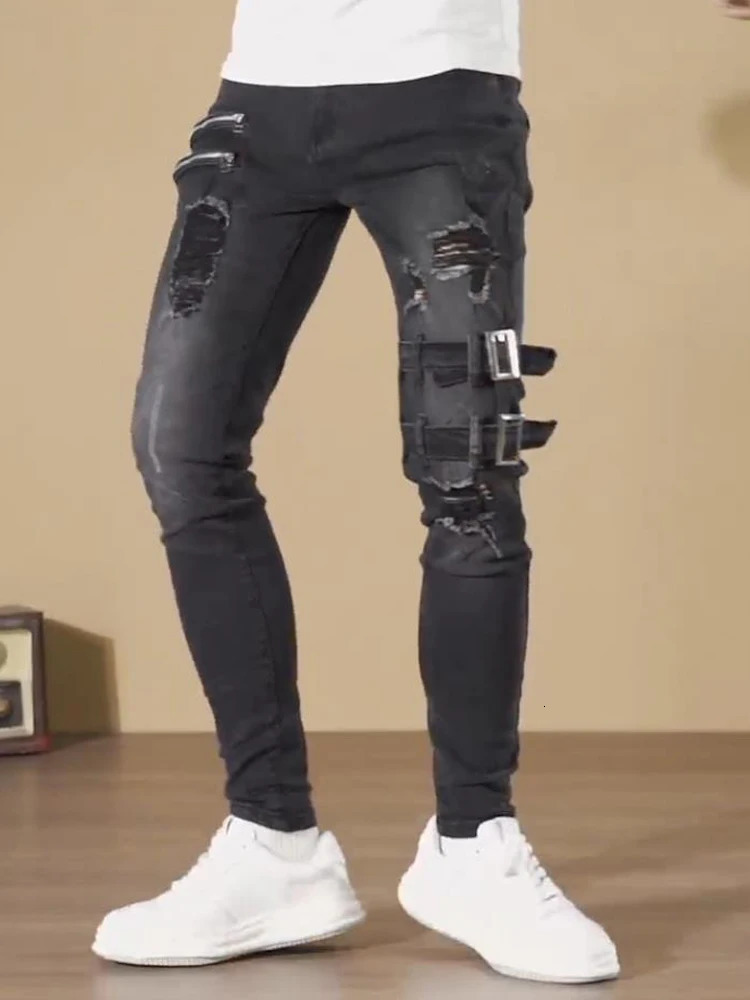 Streetwear Black Ripped Skinny Jeans Men Fashion Slim Hip Hop Denim Trousers Spring Casual Jeans for Men Jogging Jean Homme 240319