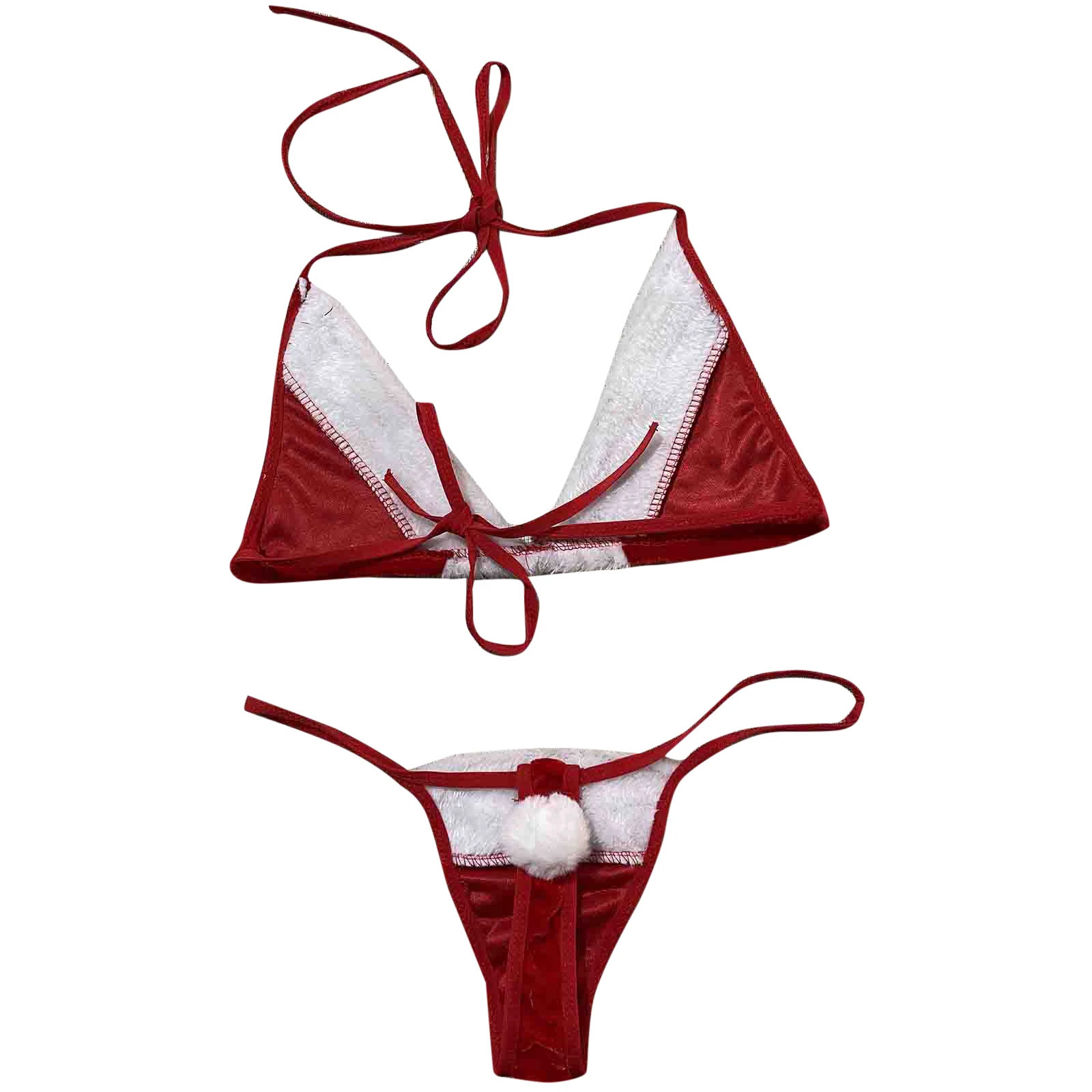 Christmas Santa Role Play Sexy Lingerie Sets Women Plush Low Cut Lace Up Bra With Thongs Xmas Chemise Sexy Underwear Sets 241031
