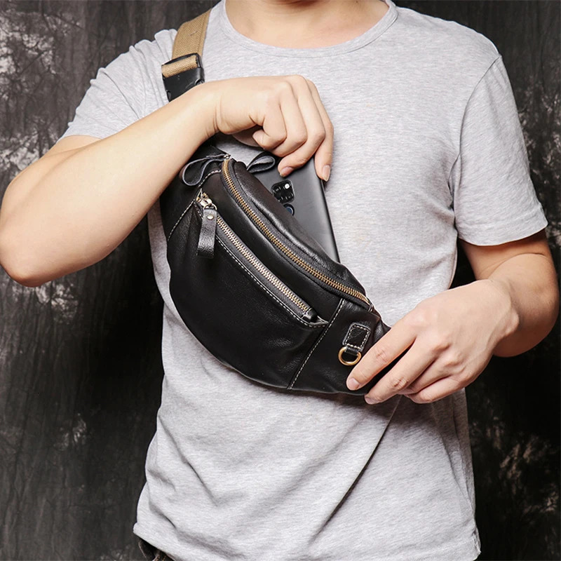 ROOG Stylish Black Genuine Leather Chest Bag | Versatile MultiPocket Casual Waist Great for Travel and Everyday Use 241029