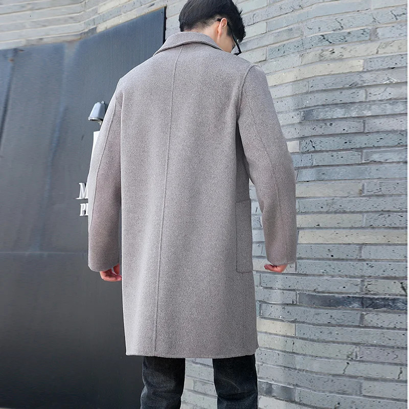 100 Merino Wool DoubleSided Coat Mens Suit Collar DoubleBreasted Coat Handmade Long HighStreet Business Top With Pocket 241024