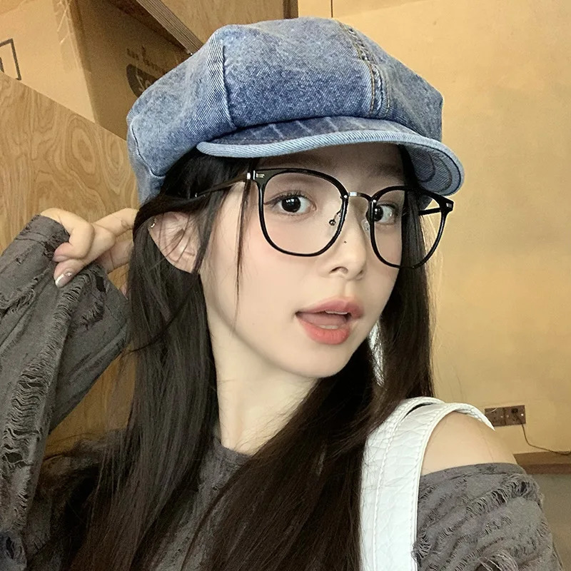 Cowboy Beret Lady Spring Autumn Big Head Round Short Eave Show Face Small Artistic sboy Cap Outdoor Fashion M537 241031